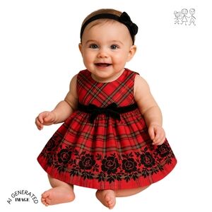 GOODLAD PLAID TAFFETA & VELVET DRESS 9 MOS